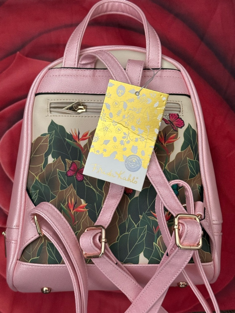 New Authentic Frida Kahlo cartoon Pink Floral Mini Faux leather Backpack w/tags - Picture 2 of 7